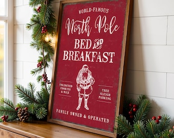 North Pole Christmas Sign: Dark Red, Farmhouse Style Wall Art