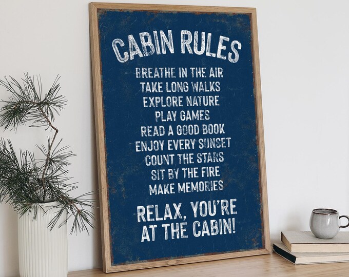 Vintage CABIN RULES Sign for Cabin Decor, Nautical Navy Blue Cabin Sign, Gift for Cabin Lover, Rustic Mountain Chalet Wall Art, Nature Decor