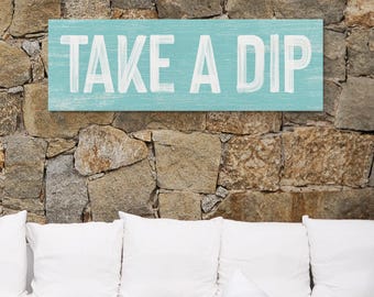 Vintage Aqua Blue Take A Dip Pool Sign, Faux Distressed Wood, White Patio Decor, Rustic Wall Plaque, Outdoor Poolside Gift, Weathered Style