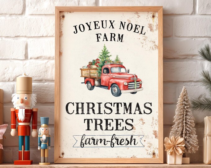 Noel Wall Decor, Joyeux Noel Farm Christmas Trees with a Red Pickup Truck and Cut Tree
