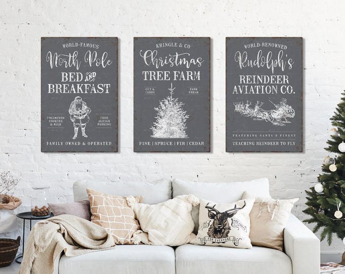 Vintage Christmas Triptych Wall Art: North Pole, Tree Farm, Sleigh