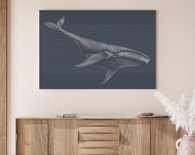 Blue Gray Whale Canvas, Charcoal Navy Abstract Ocean Print, Coastal Beach House Wall Decor