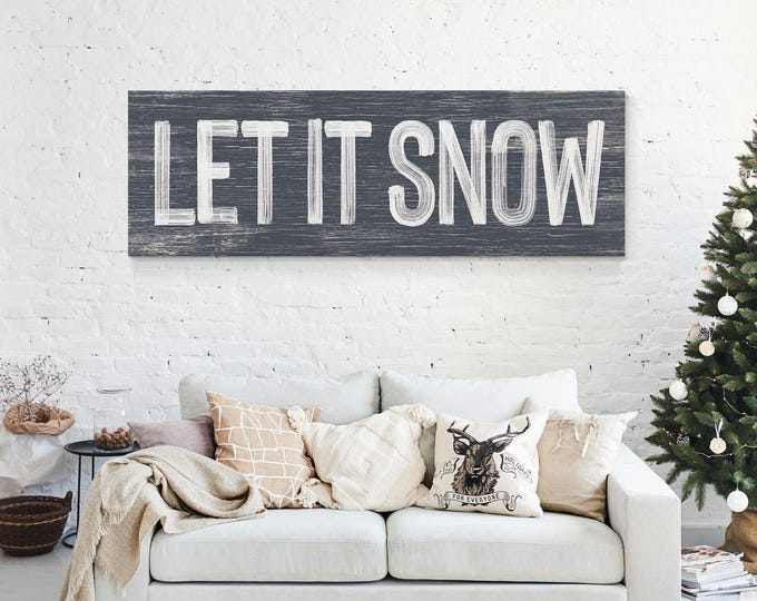 Snowy Typography Art, Let It Snow in White on a Charcoal Navy Wall Panel