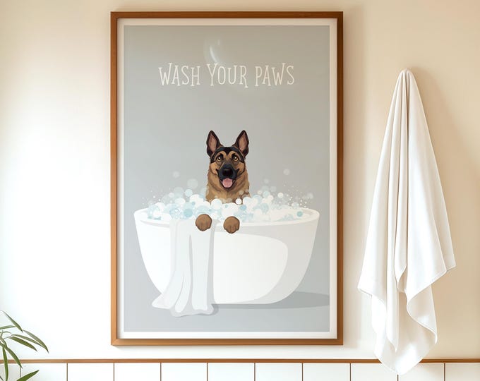Dog Bath Wall, Canine Friend Art, Dog Mom Gift, Playful Pet Poster, Funny Bathroom Decor, Minimalist Gray Farmhouse Print