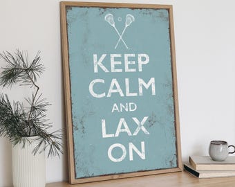 Lacrosse Wall Art, Keep Calm Message with Crossed Sticks on Dusty Blue