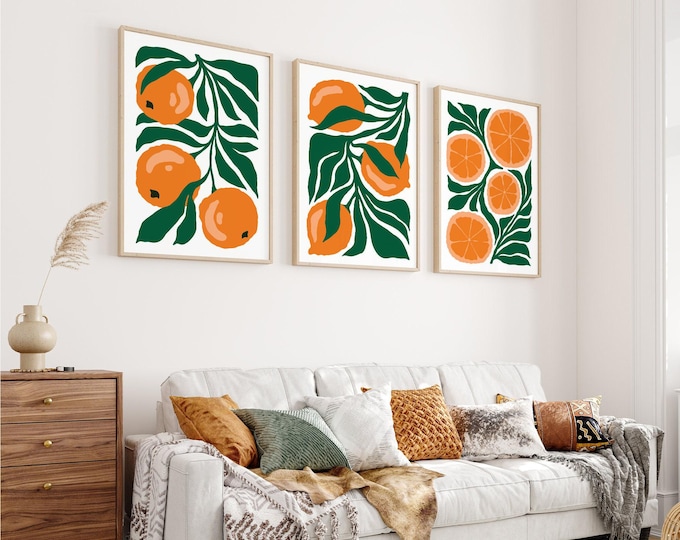 Orange Wall Art Prints, Set Of 3 Canvas, Tropical Blocks Triptych, Farmhouse Citrus Fruit Sign for Kitchen • 424