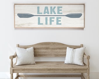 Long Horizontal Lake Life Sign, HARBOR and TIDE on White, Rustic Wood Look, Lake Life Paddle Poster, Gift for Kayaker, Lake Life Wall Decor