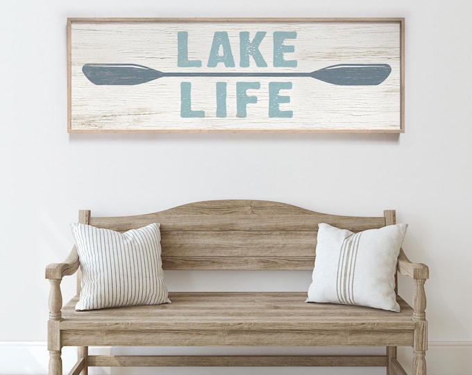 Long Horizontal Lake Life Sign, HARBOR and TIDE on White, Rustic Wood Look, Lake Life Paddle Poster, Gift for Kayaker, Lake Life Wall Decor