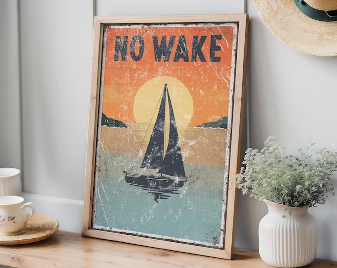 Boat Day, Navy No Wake Sailboat Sign, Orange Teal Sunset Lake House Wall Art
