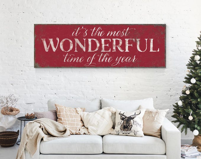 It's the Most Wonderful Time of the Year Sign in Dark Red, Large and Wide Canvas for Above Fireplace, Rich Deep Red Holiday Wall Art