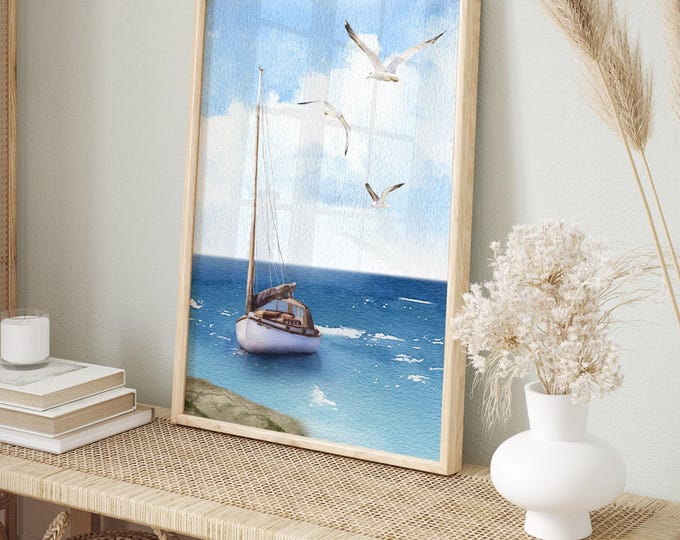Sailboat Print, Blue And White Watercolor Seascape With Gulls, Bedroom Wall Art