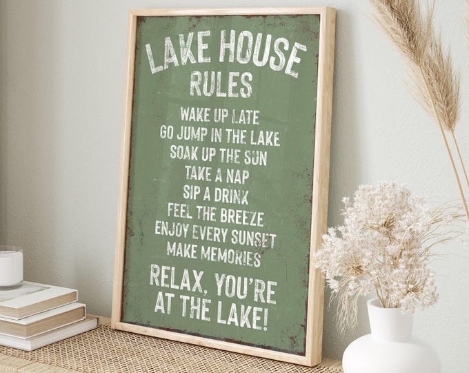 Lake House Wall Art in Vine Green, Vintage Lake House Rules Aluminum Sign for Cabin