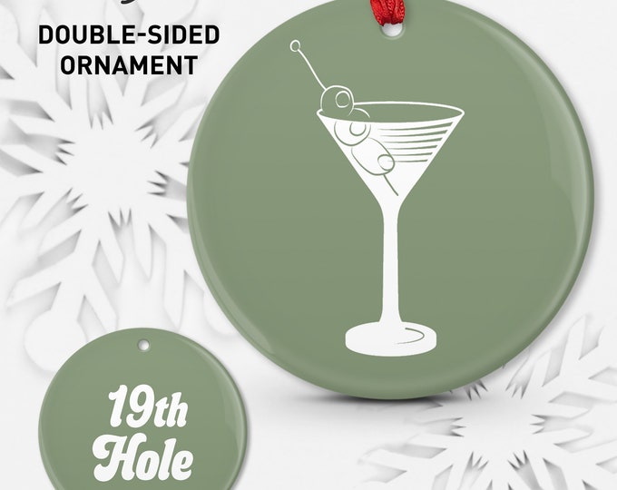 Funny Golf Christmas Ornament, Martini Glass, 19th Hole Seagrass Green Double Sided Ceramic Porcelain or Shatterproof Aluminum • 05