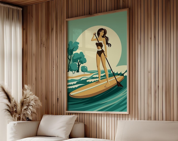 Woman Paddleboarding Wall Art, Lake Style, Green Print