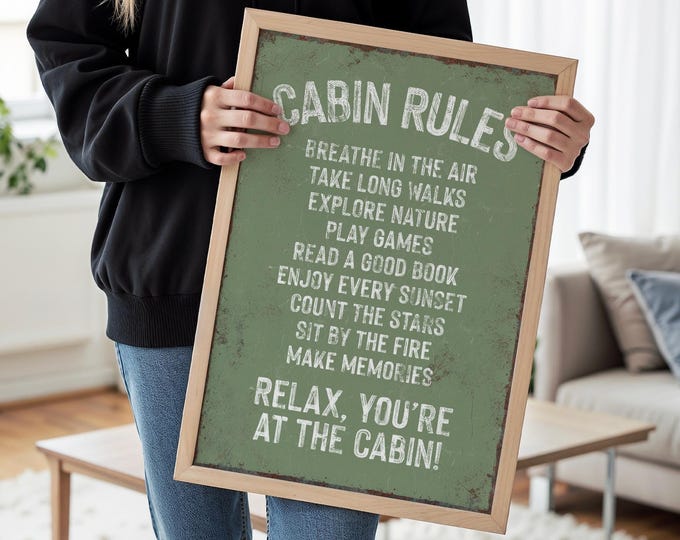Cabin Home Art in Seagrass Green, Vintage Rules Sign for the Lodge, Cozy Rustic Housewarming Gift