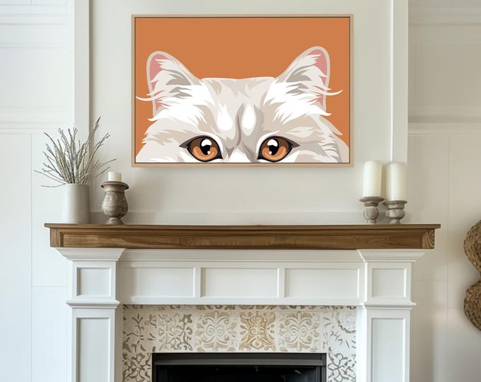 Gift for Cat Owner, Fluffy White Persian Wall Print, Wide Terracotta Feline Art