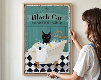Black Cat  Bubble Bath Bathroom Wall Art – Vintage Pet Sign