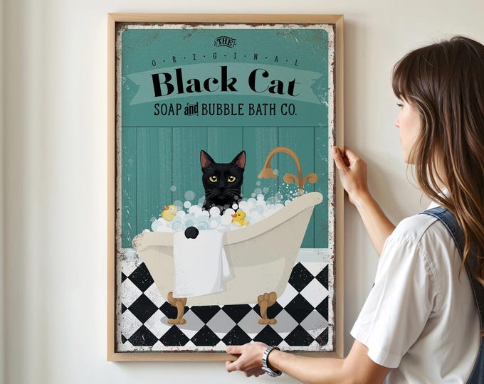 Black Cat  Bubble Bath Bathroom Wall Art – Vintage Pet Sign