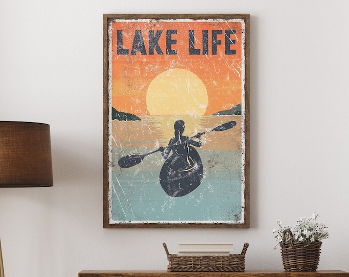 vintage "LAKE LIFE" sign Sunset Accent, KAYAK poster for vintage lake house decor, female Kayaker, modern farmhouse, Kayaking Canvas Art