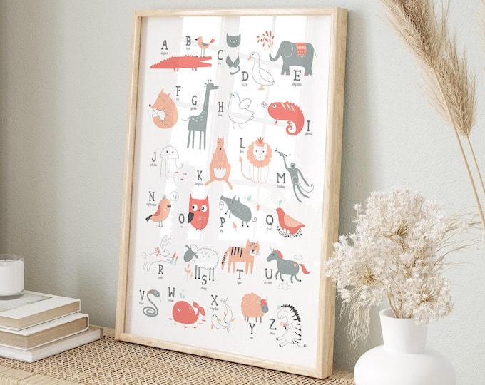 Nursery Wall Decor, Animal Nursery, Baby Shower Gift, Coral Alphabet Art Sign, Colorful Zoo Animals Print, Kids Room Decoration