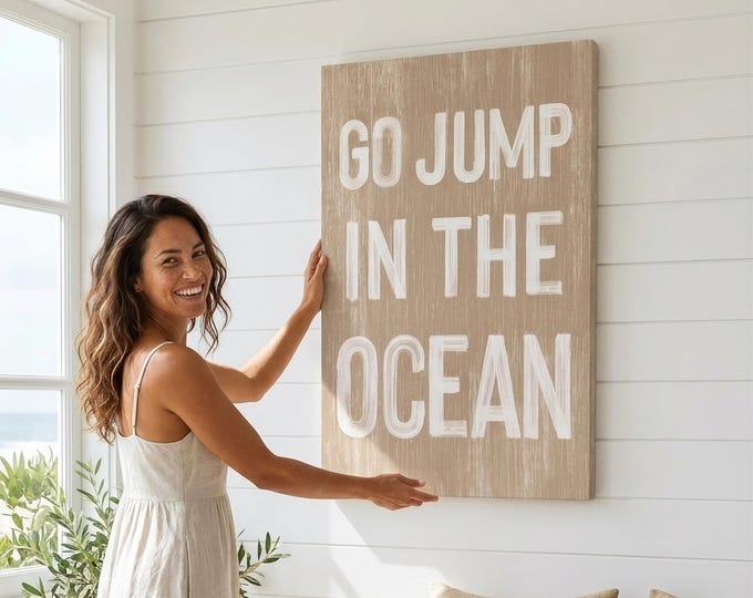 Go Jump in the Ocean Sign, Vintage Beach House Decor for Coastal Walls or Nautical-Inspired Vacation Homes