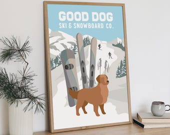 Vintage Dog Ski Poster, Retro Ski Canvas, Golden Retriever Art, Winter Wall Decor, Rustic Lodge Gift, Aluminum Print, Cozy Cabin Style
