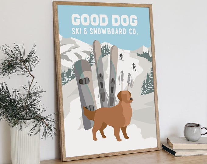 Vintage Dog Ski Poster, Retro Ski Canvas, Golden Retriever Art, Winter Wall Decor, Rustic Lodge Gift, Aluminum Print, Cozy Cabin Style