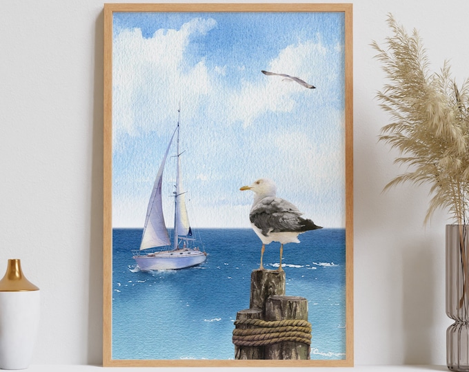 Retro Seascape Print with Sailboat, Seagull on the Pier, Gift for Ocean Lover, Seagull Flying over Ocean, Vintage Seascape Wall Art