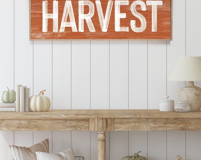 Harvest Sign in Burnt Orange, faux weathered wood, seasonal wall art, harvest wall decorations, vintage farmhouse, long horizontal wall art