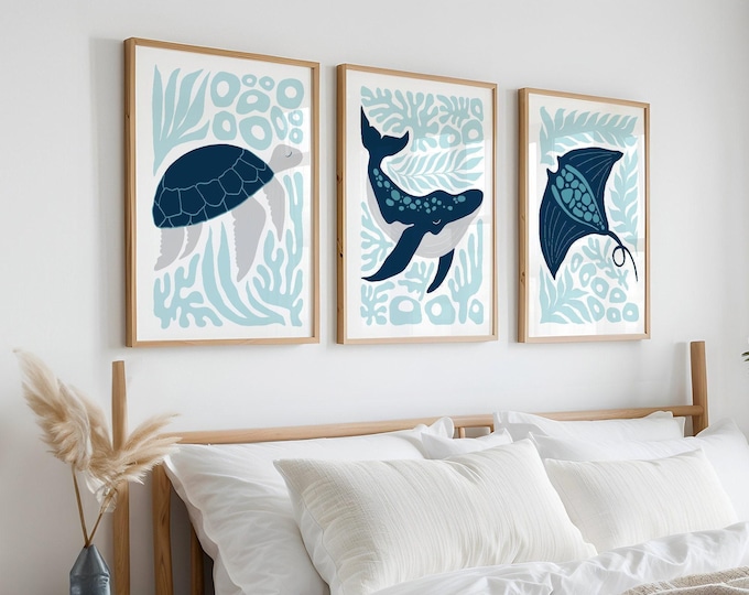 Ocean Triptych Wall Art, Navy Sea Turtle Block Print, Ice Blue Coastal Set of 3