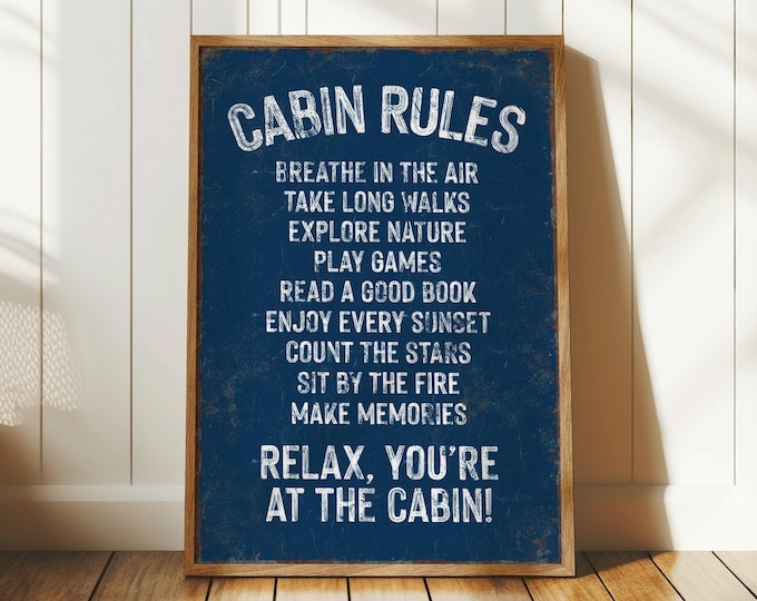 Navy "CABIN RULES" Sign for Ski Lodge, Nautical Navy Blue Cabin Decor, Humorous Nature Rules, Funny Gift, Vintage Mountain Chalet Wall Art