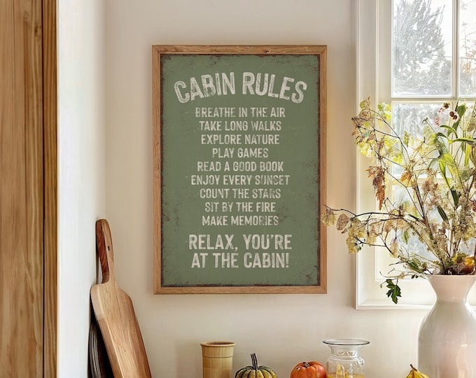 Retro "CABIN RULES" Sign in Seagrass Green, Natural and Neutral Green Wall Art for Calm Home Decor, Vintage Funny Ski House Rules Sign