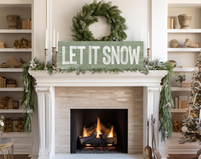 Boho Let It Snow Sign: Neutral Green Winter Cabin Wall Art