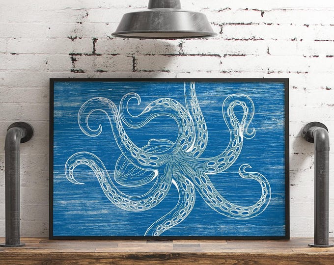 Outdoor Wall Panel, Vintage Octopus Line Art, Blue Coastal Beach Decor