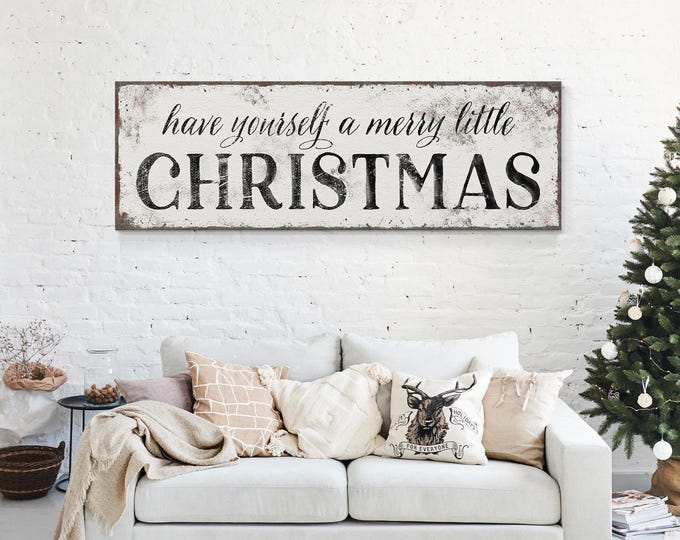 Cream Christmas Art, Merry Little Christmas Carol Sign Lettered in Weathered Charcoal