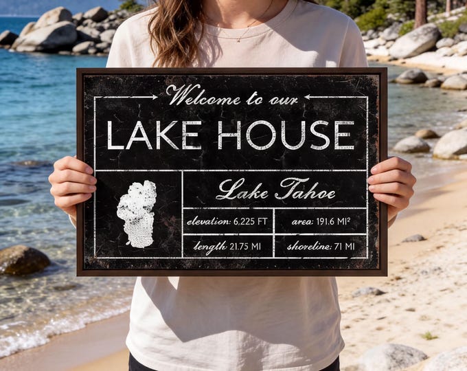 Printed Sign, Welcome to Our Lake House Tahoe, Black and White Cottage Art
