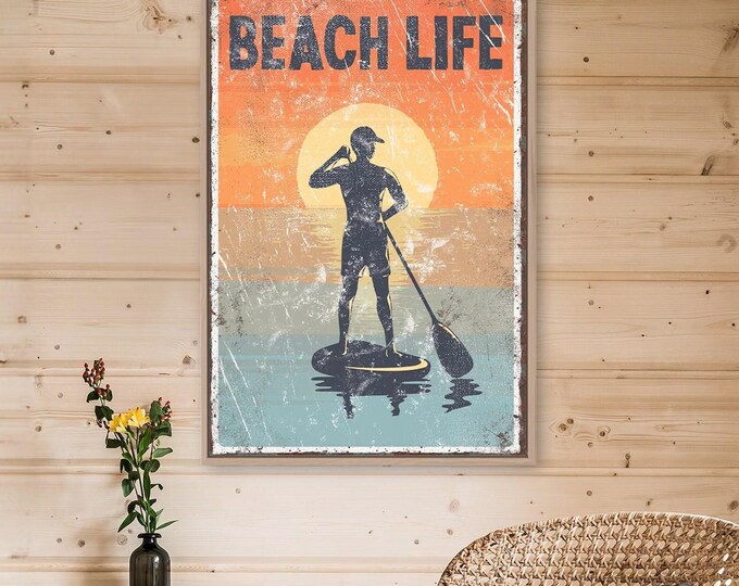 Beach Life Paddleboard Print, Retro Sunset Coastal Poster, Burnt Orange Beach House Wall Art