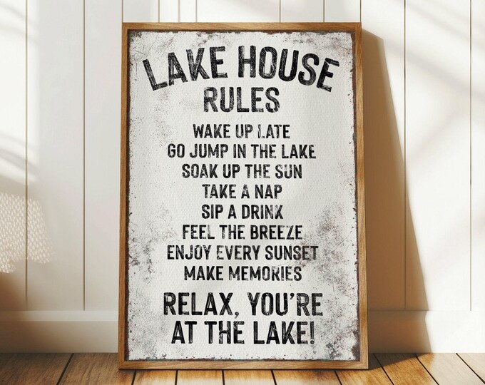 Cottage Decor, Lake House Rules Sign, Cream and Black Wall Art, Cabin Gift for Him