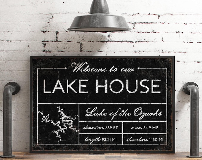 Welcome to our LAKE HOUSE sign, vintage Lake of the Ozarks canvas for above couch, extra large framed modern farmhouse decor wall art print