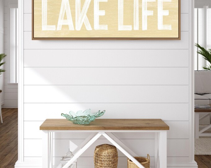 Vintage Yellow Sand Lake Life Wall Print on Faux Weathered Wood - Lake House Farmhouse Sign - Long Skinny Wall Art {pwo}