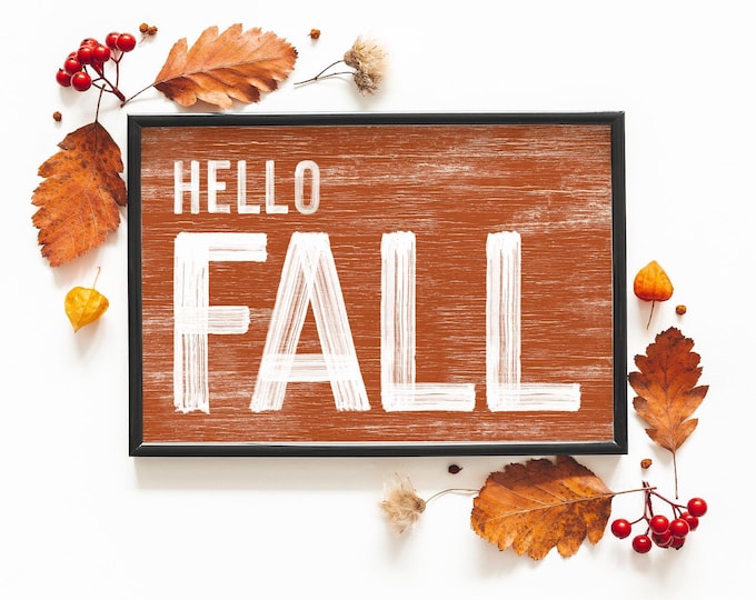 Hello Fall Sign, Autumn Wall Decor, Farmhouse Fall, Vintage Rustic Seasonal Art, Cozy Harvest Decoration, Framed Faux Wood Plaque