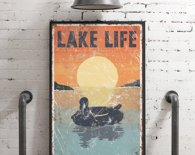 House Decor, Navy Lake Life Sign, Orange Teal Sunset Tube Float Wall Art Gift