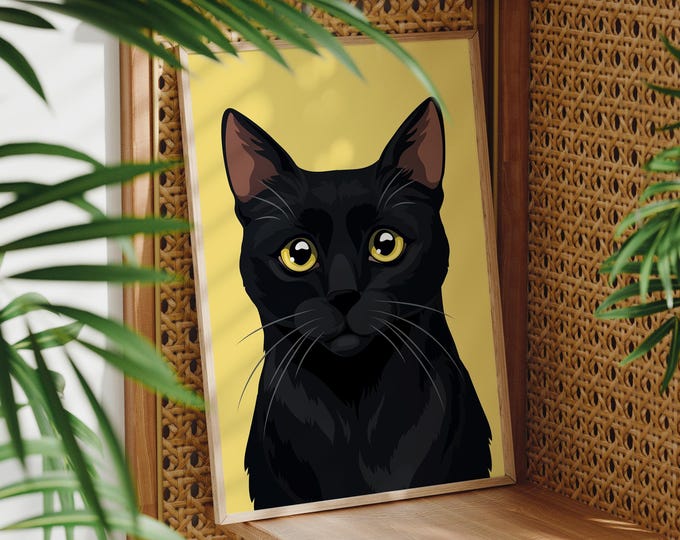 Whimsical Cat Gift, Black Shorthair on Mustard, Pop Art Feline Wall Decor, Pet Print