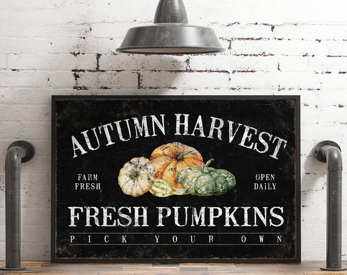 White Autumn Decor, Fresh Pumpkins Sign, Black and Sage Wall Art