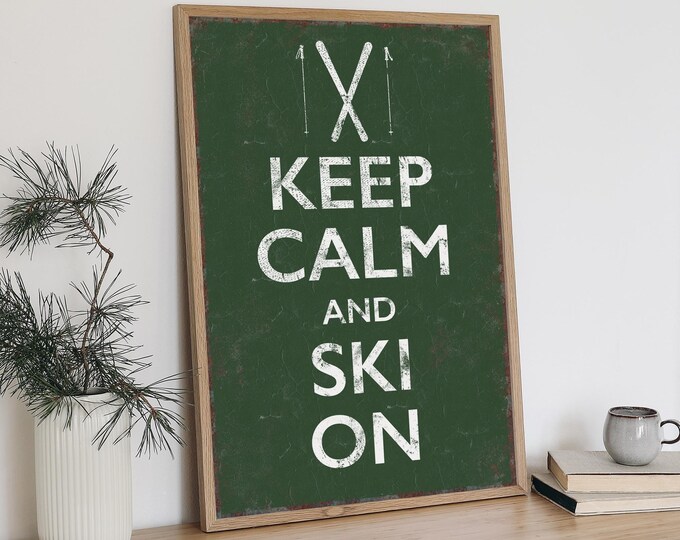 Green Ski Decor, Keep Calm and Ski On Enamel Sign in White on Forest Green, Crossed Skis
