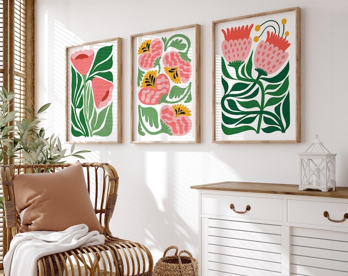 Bright Wall Art, Pink Coral Floral Triptych, Matisse Style Nursery Print
