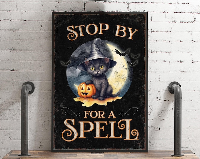 Witch Decor Gift, Stop By Sign, Black and Cream Halloween Art