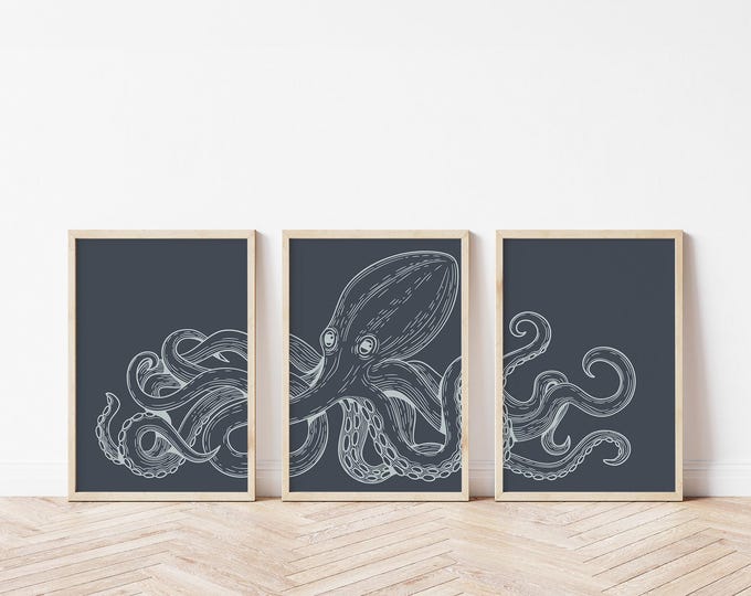 Triptych Wall Art, Octopus Art, Framed Triptych Set, Vintage Nautical Decor, Large Ocean Canvas, Shore House Wall Display
