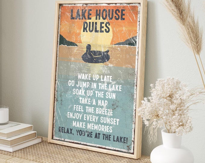 Distressed Lake House Rules Sign for Cottage Living Room, Gift for Her
