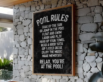 Placa com as regras da piscina, decoração retrô preta vintage para área da piscina, arte para pátio externo